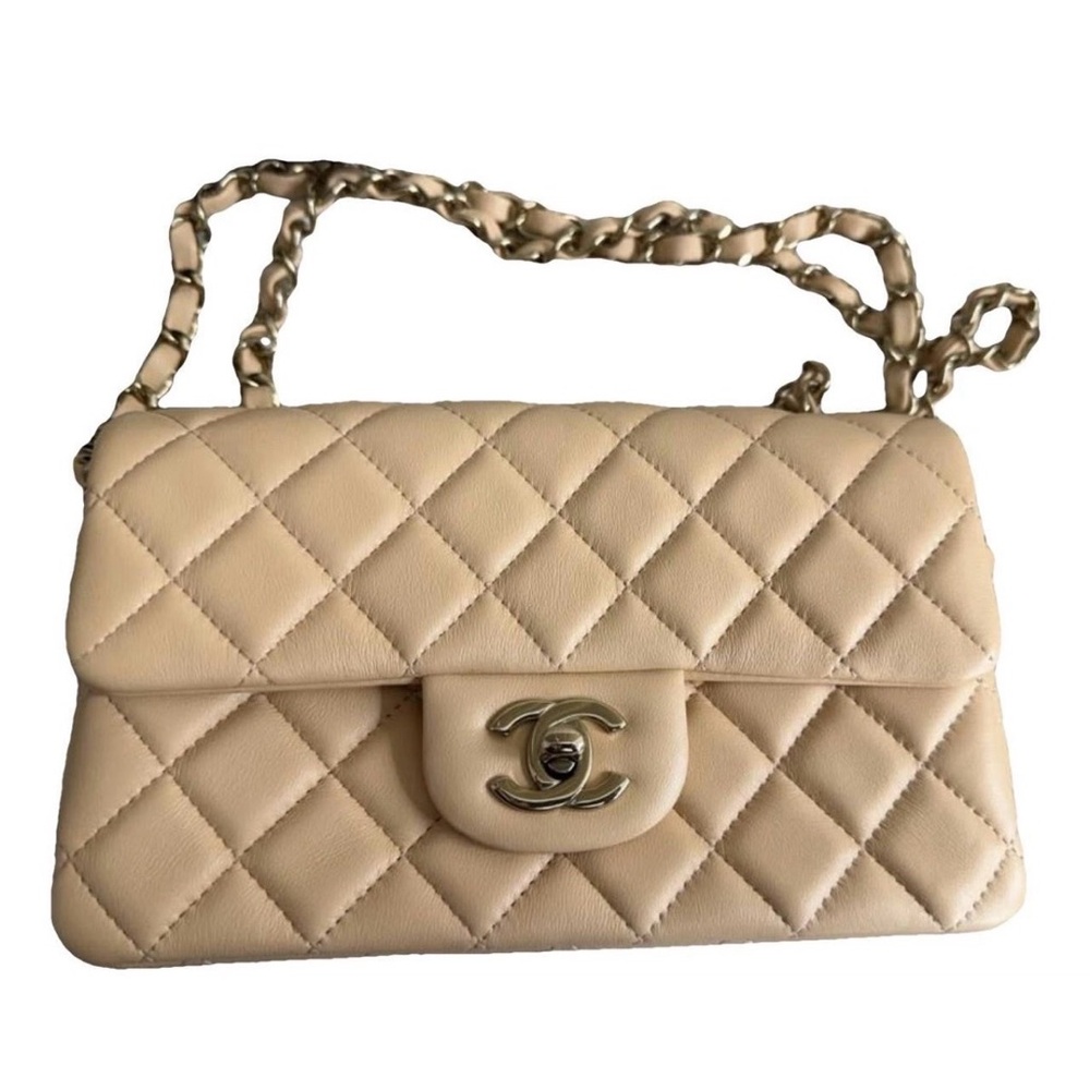 Mini Classic Chanel - Beige Quilted Leather Shoulder Bag with Chain Strap